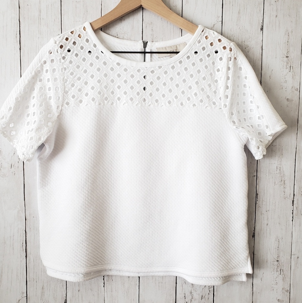 Loft white top, textured, zipper, size medium